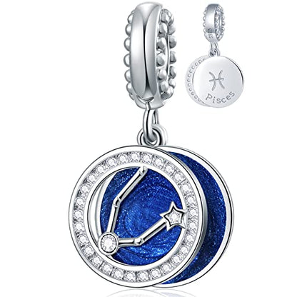Zodiac Sign Charms for Charm Bracelets - 925 Sterling Silver Necklace Pendants, 12 Constellation/Horoscope Star Dangle - Dangling Birthstone Beads, Birthday Gifts for Women/Men. - color: Pisces (2.19～3.20)