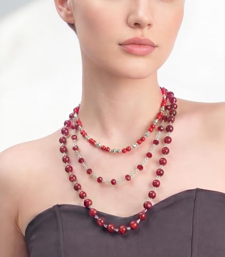 Noessla Layered Beaded Necklaces for Women - 3 Strand Boho Statement Choker Fashion Jewelry Gifts - color: Red