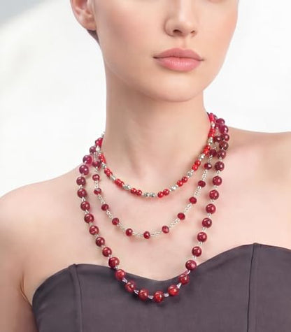 Noessla Layered Beaded Necklaces for Women - 3 Strand Boho Statement Choker Fashion Jewelry Gifts - color: Red