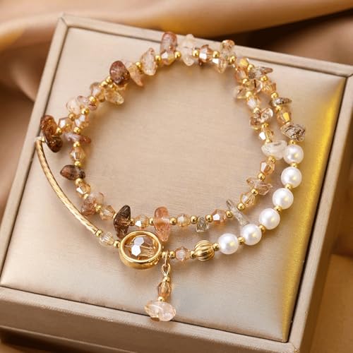 Wrap Bracelet for Women,Crystal Chip & Faux Pearl Beaded Double Layer with Gold-Tone Pendant, Boho Minimalist Style, Adjustable Fit
