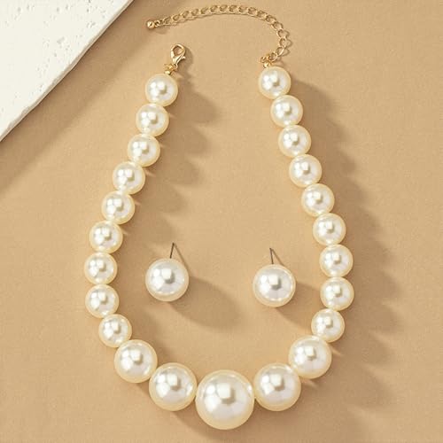 Large Beaded Pearl Necklaces Earrings Set for Women Fashion Prom Party Round Balls Bead Pearls Jewelry Set White Big Chunky Necklace Ball Earring Gift