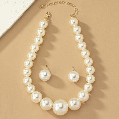 Large Beaded Pearl Necklaces Earrings Set for Women Fashion Prom Party Round Balls Bead Pearls Jewelry Set White Big Chunky Necklace Ball Earring Gift