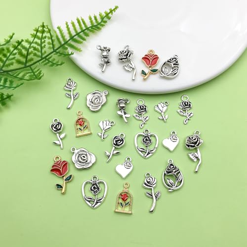 Sailanzi 96pcs Alloy Ancient Silver Rose Series Pendant Jewelry Making DIY Keychain Earrings Pendant Various Design Charms for Jewelry Making Bracelets Necklace (SN439) - color: SN439
