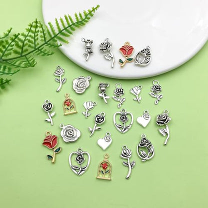 Sailanzi 96pcs Alloy Ancient Silver Rose Series Pendant Jewelry Making DIY Keychain Earrings Pendant Various Design Charms for Jewelry Making Bracelets Necklace (SN439) - color: SN439