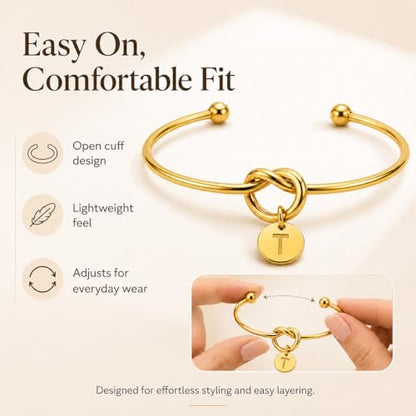LemonRose Initial Bracelets for Women - Dainty Tie the Knot Letter A-Z 14K Gold Plated for Women Gold Cuff Bracelet for Womens Jewelry Personalized Bridesmaid Proposal Gifts - color: Gold T