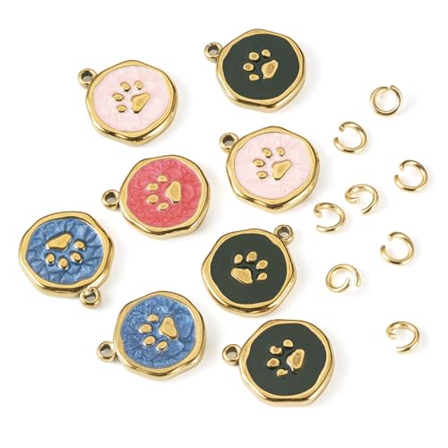 8Pcs Flat Round Dog Paw Print Enamel Charms Pendant, Cute Animal Footprint Golden Stainless Steel Dangle Charm with Jump Ring for DIY Necklace Earring Keychain Jewelry Making - color: Dog Paw Print