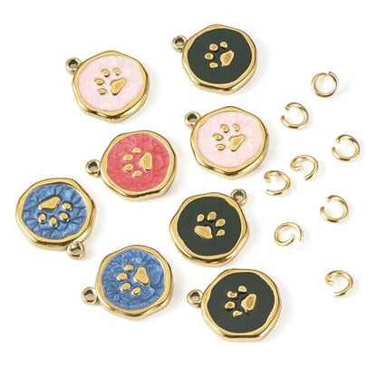8Pcs Flat Round Dog Paw Print Enamel Charms Pendant, Cute Animal Footprint Golden Stainless Steel Dangle Charm with Jump Ring for DIY Necklace Earring Keychain Jewelry Making - color: Dog Paw Print
