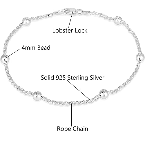 Savlano 925 Sterling Silver 9, 10 Inches Chain Anklet for Women Comes With a Gift Box - style: Rope/4mm Bead