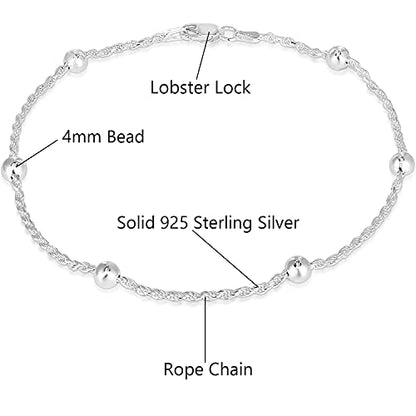 Savlano 925 Sterling Silver 9, 10 Inches Chain Anklet for Women Comes With a Gift Box - style: Rope/4mm Bead