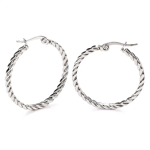 Cable Hoop Earring for Women Light-Weight Twisted Italian Design Round Hoop Earrings Diameter 25mm - color: silver