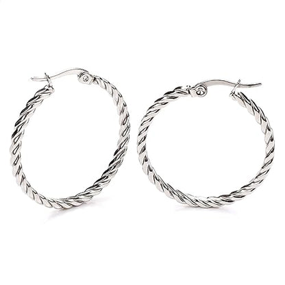 Cable Hoop Earring for Women Light-Weight Twisted Italian Design Round Hoop Earrings Diameter 25mm - color: silver