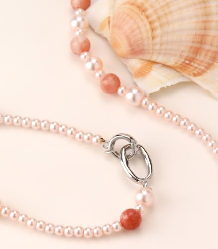 Long Beaded Necklaces for Women Pearl Stone Bead Strand - Layered Sweater Chain Elegant Mother's Day Jewelry Gifts - color: Pink