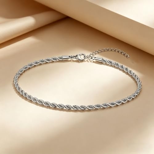 PICNHUAN Gold/Silver Ankle Bracelets for Women 14K Gold Plated Women's Anklets Silver Cuban Chain Anklet Waterproof Stainless Steel Anklet Summer Beach Foot Chain Jewelry Gifts for Women - color: Silver/ Twist