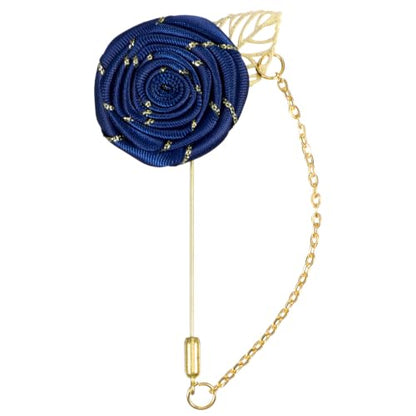 Gold Lapel Pin for Men, Gold Foil Brooch Men's White Flower Satin Lapel Pin with Metal Chain for Suits Professional Tuxedo Groom Wedding Brooch - color: Navy Blue