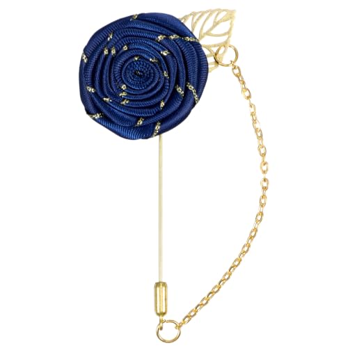 Gold Lapel Pin for Men, Gold Foil Brooch Men's White Flower Satin Lapel Pin with Metal Chain for Suits Professional Tuxedo Groom Wedding Brooch - color: Navy Blue