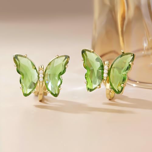 YOQUCOL Butterfly Shape Crystal Clip On Earrings Non Pierced Golden Stud for Women - color: Light Green