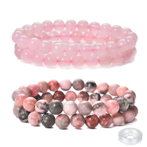 Crystal Beaded Bracelets Set, 4 Piece Gemstone Stretch Bracelets, Rose Quartz, Agate,Jasper, Tiger Eye and Multicolor Glass Beads with String - style: Type 3(Rose Quartz+Pink Zebra)