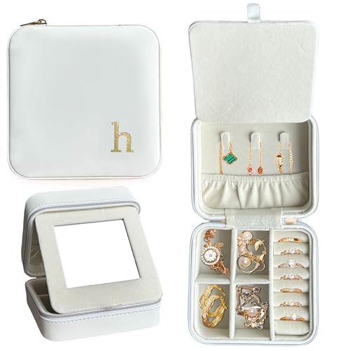 COLLECTIVE HOME - Travel Jewelry Case, Elegant Square Design with Gold Engraved Monogram, Built-in Mirror, Personalized Accessory Organizer for Rings, Necklaces, Gift for Women and Teens (h) - color: h
