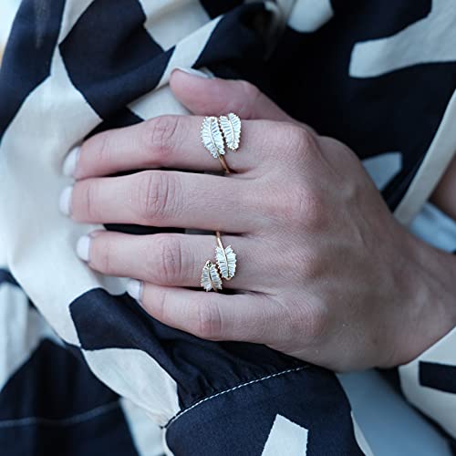 18K Gold Plated CZ Open Ring Double Leaf Wrap Rings Adjustable | CZ Stacking Ring in Gold | Unique Statement Ring Cocktail Party Ring Hypoallergenic - style: Small Leaf