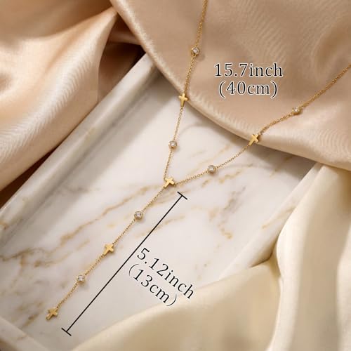 RINHOO Long Lariat Necklace for Women 18K Gold Plated Stainless Steel | Y-Drop Lariat Design, 18K Gold Hypoallergenic, Non-Tarnish V-Neck Layering, Wedding Prom Gift - color: Gold-Cross
