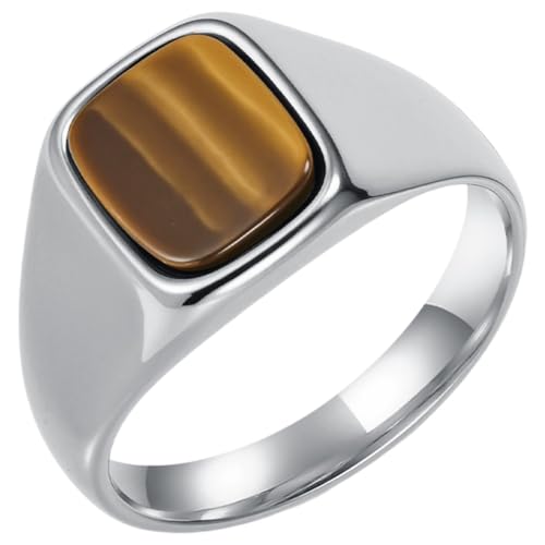PAMTIER Men's Stainless Steel Gemstone Polished Signet Rings Classic Minimalist Square Cabochon Statement Band Jewelry Gift - color: Silver Yellowish-Brown