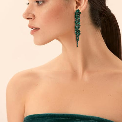 EVER FAITH Rhinestone Crystal Art Deco Statement Clip-on Earring, Wedding Prom Long Chandelier Dangle Earrings for Women - color: Green Black-Tone