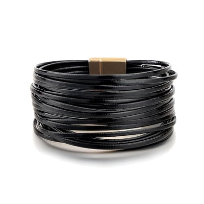 Edoneery Leather Wrap Bracelets for Women, Boho Layered Cuff Bangle | Multi-layer Leather Cuff, Daily wear, Stackable Bangle, Easy on-off, Western Jewelry Gifts for Women - color: Black-3