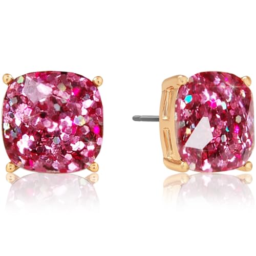 Large Square Stud Earrings for Women - Big Sparkly Rhinestone Studs | Plated in Gold Tone or Silver Tone, Hypoallergenic and Safe for Sensitive Ears - color: Hot Pink Glitter