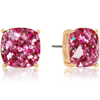Large Square Stud Earrings for Women - Big Sparkly Rhinestone Studs | Plated in Gold Tone or Silver Tone, Hypoallergenic and Safe for Sensitive Ears - color: Hot Pink Glitter