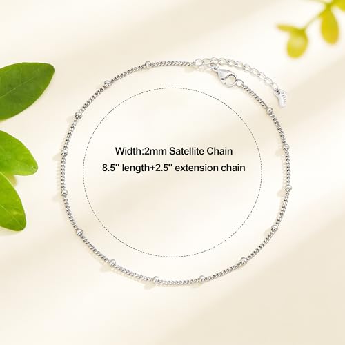 Waterproof Anklet 18K Gold/Sterlings Silver Plated Stainless Steel Ankle Bracelets for Women Figaro Pearls Chain Summer Beach Foot Jewelry 8.5+2Inches - color: Beaded chain,Silver