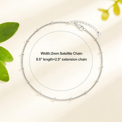 Waterproof Anklet 18K Gold/Sterlings Silver Plated Stainless Steel Ankle Bracelets for Women Figaro Pearls Chain Summer Beach Foot Jewelry 8.5+2Inches - color: Beaded chain,Silver