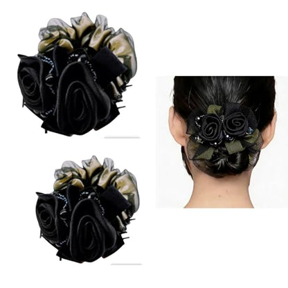 Satin Hair Scrunchie with Rose Flower, Brown and Gold, Pearl Beads, Ribbon Bow, Hair Tie Accessory, 9cm (black) - color: black