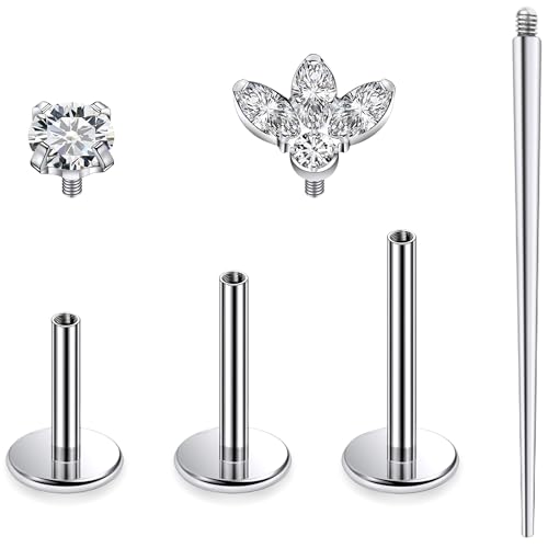 Titanium Flat Back Lip Rings Internally Threaded Earrings Studs Nose Rings 16G Opal CZ Tragus Cartilage Lobe Rook Helix Conch Labret Medusa Piercing Jewelry for Women Men W Piercing Taper Set - style: Four CZ