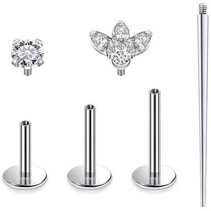 Titanium Flat Back Lip Rings Internally Threaded Earrings Studs Nose Rings 16G Opal CZ Tragus Cartilage Lobe Rook Helix Conch Labret Medusa Piercing Jewelry for Women Men W Piercing Taper Set - style: Four CZ