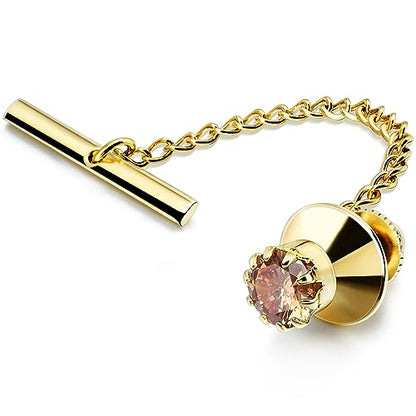 HAWSON Mens Tie Tack with Chain Round Crystal Wedding Business Accessories - color: Gold + Champnge
