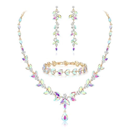 EVER FAITH Marquise Crystal Leaf Bridal Prom Jewelry Set for Women Bride | Rhinestone Wedding Party Necklace Dangle Earrings Tennis Bracelet, for Bridesmaid - color: Iridescent AB Gold-Plated-Base