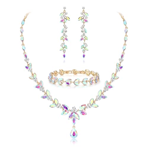 EVER FAITH Marquise Crystal Leaf Bridal Prom Jewelry Set for Women Bride | Rhinestone Wedding Party Necklace Dangle Earrings Tennis Bracelet, for Bridesmaid - color: Iridescent AB Gold-Plated-Base