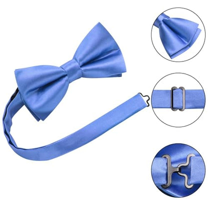 Hi-Tie 5Pcs Mens Solid Color Silk Tie Satin Pretied Bowtie Lapel Pin for Men Handkerchief Cufflink Wedding Gift Box - color: Bright Blue