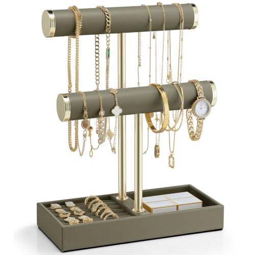 VLANDO Jewelry Organizer, 2 Tier Jewelry Bracelet Necklace Holder with Tray | Scratch Resistant PU Leather and Gold Bars, Display Bracelets and Watches,Stores Rings, Earrings and Items for Easy Daily Use - color: Olive Green, size: 2 Tier