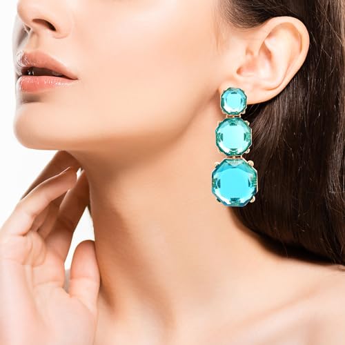 Aqua Blue Crystal Drop Earrings for Women, Oversized Faceted Geometric Dangle Statement Earrings