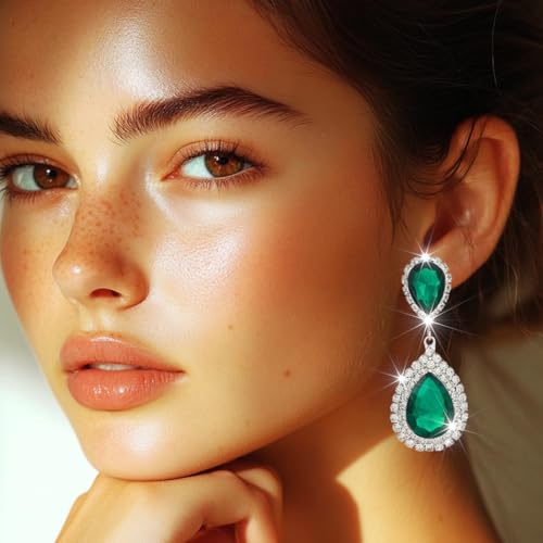 Catery Crystal Wedding Earrings Silver Rhinestone Ear Rings Teardrop Bridal Ear Jewelry for Brides and Women - color: Green