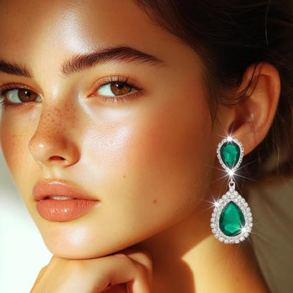 Catery Crystal Wedding Earrings Silver Rhinestone Ear Rings Teardrop Bridal Ear Jewelry for Brides and Women - color: Green