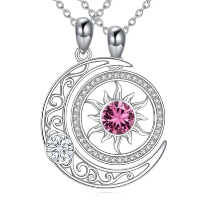 Couples Necklace for 2 Sun and Moon Pendant Matching Jewelry Anniversary Birthday Gifts for Couples BFF - color: April&October