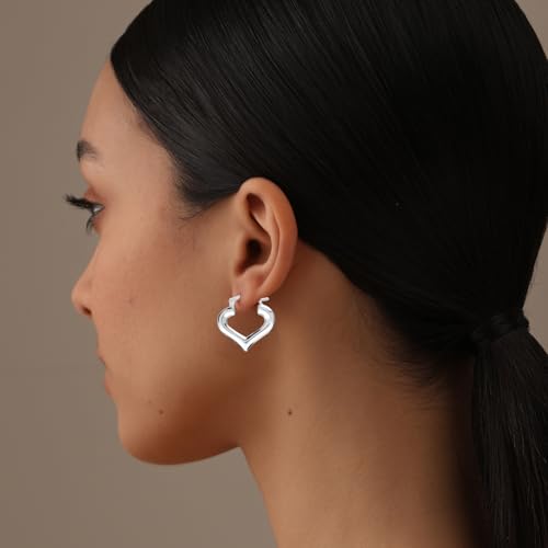 LeCalla Sterling Silver Hoop Earrings for Women | Lightweight Silver Chunky Hoop Earrings | Handmade Electroform Hollow Italian Design Click-Top Earrings Hoop - color: Love Heart Shape