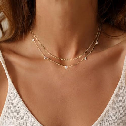 Dainty Layered Necklaces for Women,14k Gold Plated CZ Choker Necklace Stack | 14K Gold Plated Necklace set,Non Tarnish Hypoallergenic Beaded Paperclip Chain Necklace Stack Women's Minimalist Jewelry Gift - color: Gold-4