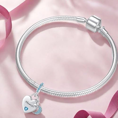 12 Months Birthstone Heart Charm Moon and Star Pendant Bead Compatible with Pandora Bracelet Women - style: March