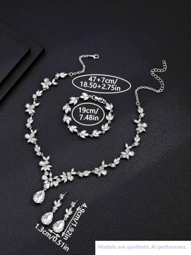 Kamirola Bridal Jewelry Set, Jewelry Set for Women, Necklace Dangle Earrings Bracelet Set, White Gold Plated (TR76) - color: Silver White