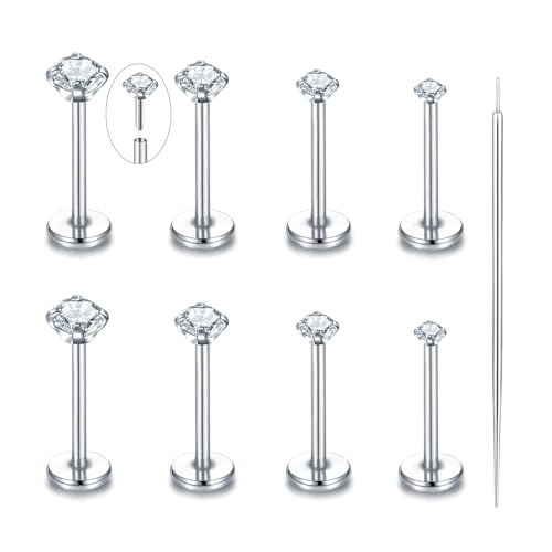 Oveta Threadless Push in Lip Rings 16G/18G/20G Labret Jewelry CZ Lip Studs Stainless Steel Cartilage Earrings for Women Monroe Medusa Piercing Jewelry 6/7/8/10/12mm Bar Length - color: Silver, size: 20G*8mm bar*1.5/2/2.5/3mm cz