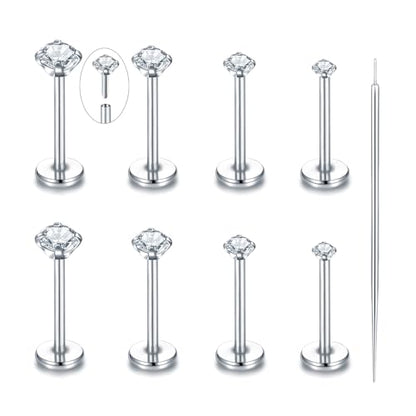 Oveta Threadless Push in Lip Rings 16G/18G/20G Labret Jewelry CZ Lip Studs Stainless Steel Cartilage Earrings for Women Monroe Medusa Piercing Jewelry 6/7/8/10/12mm Bar Length - color: Silver, size: 20G*8mm bar*1.5/2/2.5/3mm cz
