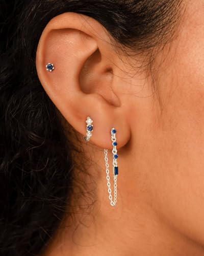 3 Pairs Earring Stacks, Gold Earring Set Jewelry Gift for Women | Small, 14K Gold/White Gold/Black/Rose Gold Plated, Hypoallergenic, Her, Everday, Stackable, Simple, 3 Holes - color: Silver-Blue Chain